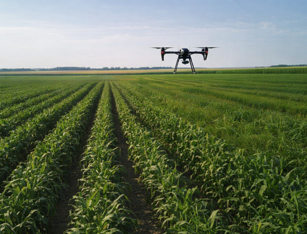 drone flying over corn rows.